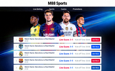 Tampilan halaman utama M88 Sports dengan daftar pertandingan sepak bola yang sedang berlangsung