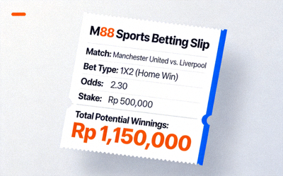 Tampilan slip taruhan M88 Sports yang menunjukkan taruhan yang dipilih dan total potensi kemenangan