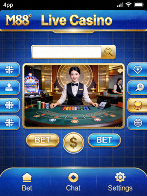 Interface live casino di M88 mobile dengan dealer langsung dan kontrol permainan