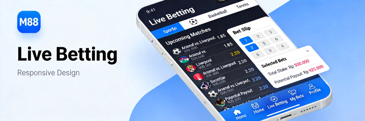 Interface taruhan olahraga di aplikasi M88 mobile yang responsif