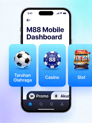 Tampilan dashboard utama M88 mobile dengan menu taruhan olahraga, casino, dan slot